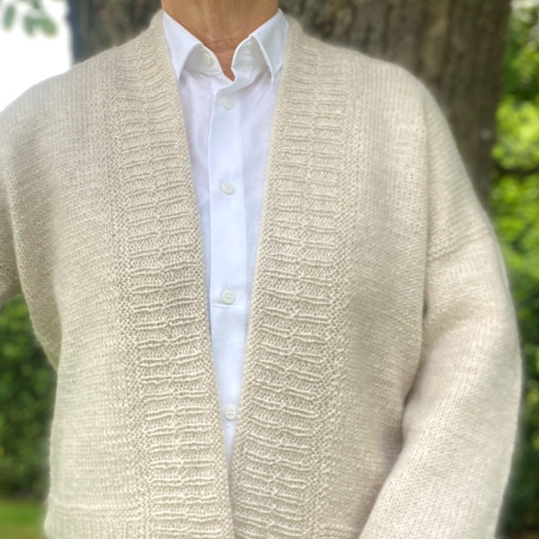 Strikkeopskrift Sjalskrave Trøje cardigan i blød alpaca og silk mohair