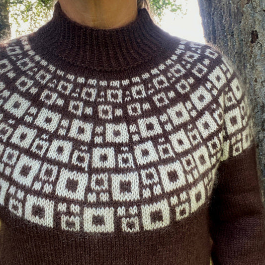 Strikkeopskrift mønsterstrikket sweater dame smuk grafisk mønsterstrik på bærestykket top down pind 4