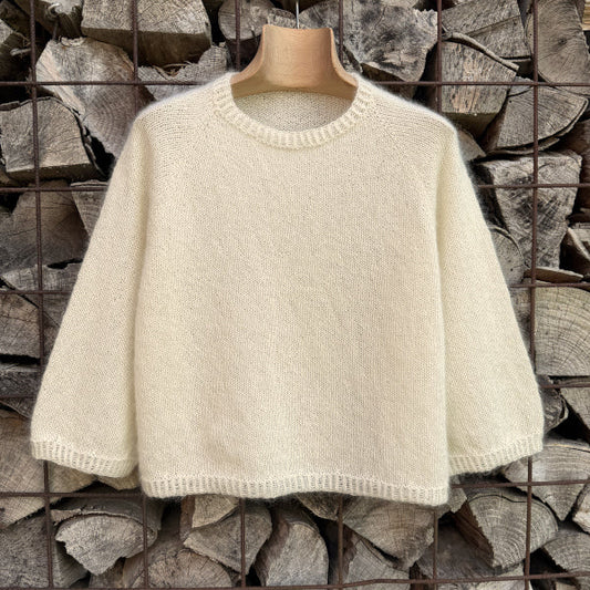 Strikkeopskrift Silje trekvartærme florlet strik i tynd alpaca og silk kid mohair