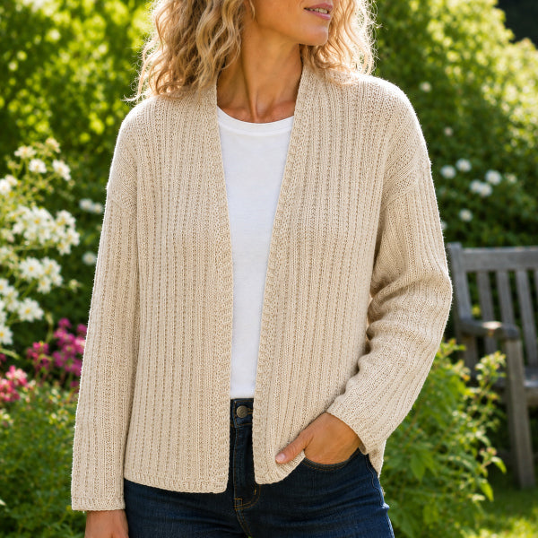 Strikkeopskrift Iduns Trøje basis cardigan i fint ribmønster let garn pind 3½ New Arezzo og alpaca 400