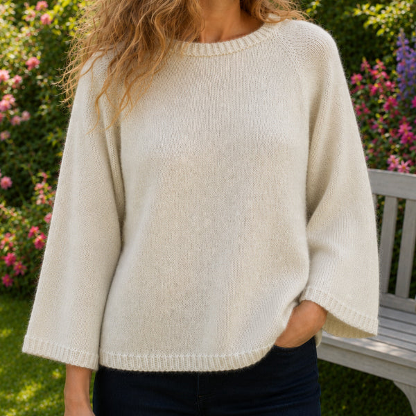 Silje florlet bluse med trekvart ærme tynd alpaca  silk kid mohair pind 3½ top down alpaca 400 hjertegarn
