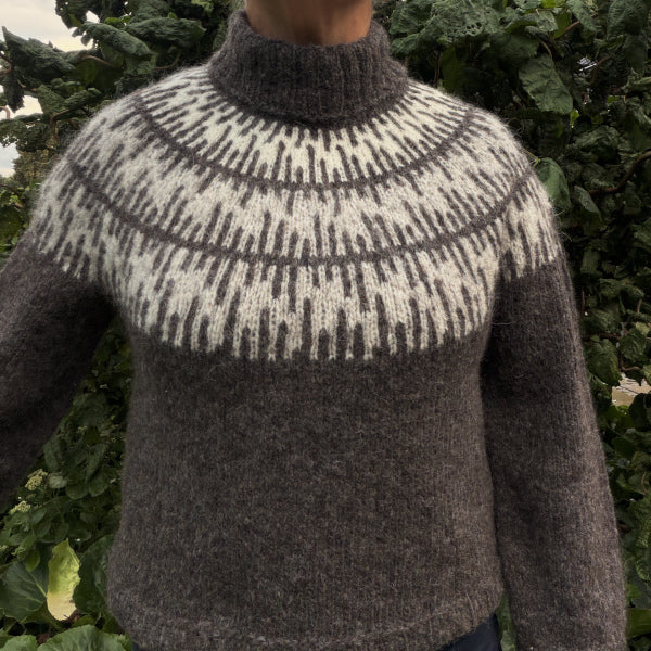 Strikkeopskrift vamset mønsterstrikket sweater pind 6 Top Down Børstet Uld, der både er let og varm Hjertegarn