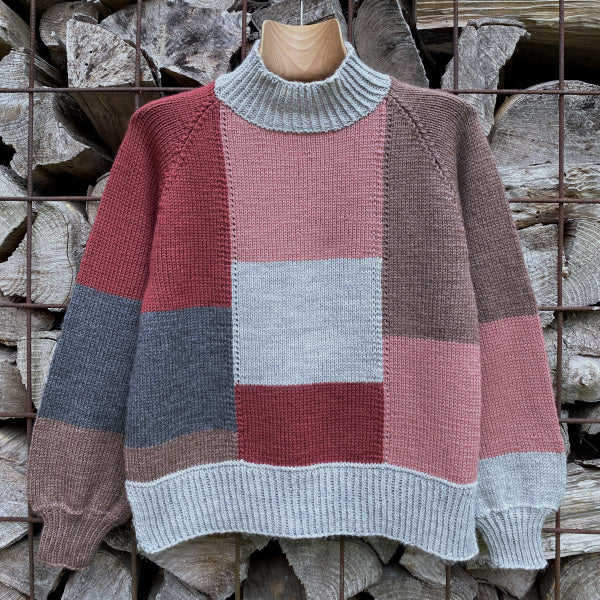 Strikkeopskrift ternet sweater Vital fra Hjertegarn strikket på pind 4 brug dine gode garnrester sweater strikket i felter i mange farver