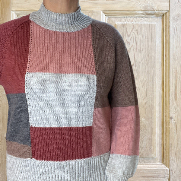 Strikkeopskrift ternet sweater Vital fra Hjertegarn strikket på pind 4 brug dine gode garnrester sweater i mange farver strikket i felter i mange farver